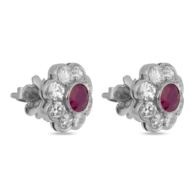 Contemporary 1930s Art Deco Inspired Ruby Diamond Cluster Stud Platinum Earrings, A Pair For Sale - Image 3 of 6