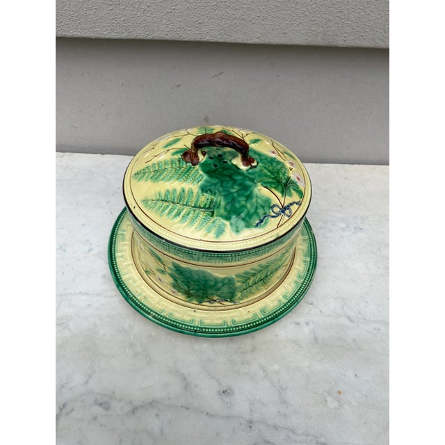 19th Century German Majolica Cheese Bell with the underplate. Decorated with leaves.