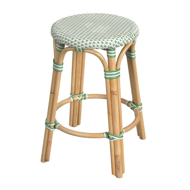 Wood Tobias 24 in. Seat Height Round Rattan Backless Counter Stool, White/Green Dot/ Natural Rattan Frame For Sale - Image 7 of 7