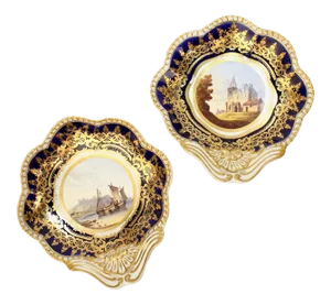 Antique Early 19th Century Spode Topographical Porcelain Cobalt Blue Border Shrimp Bowls - a Pair