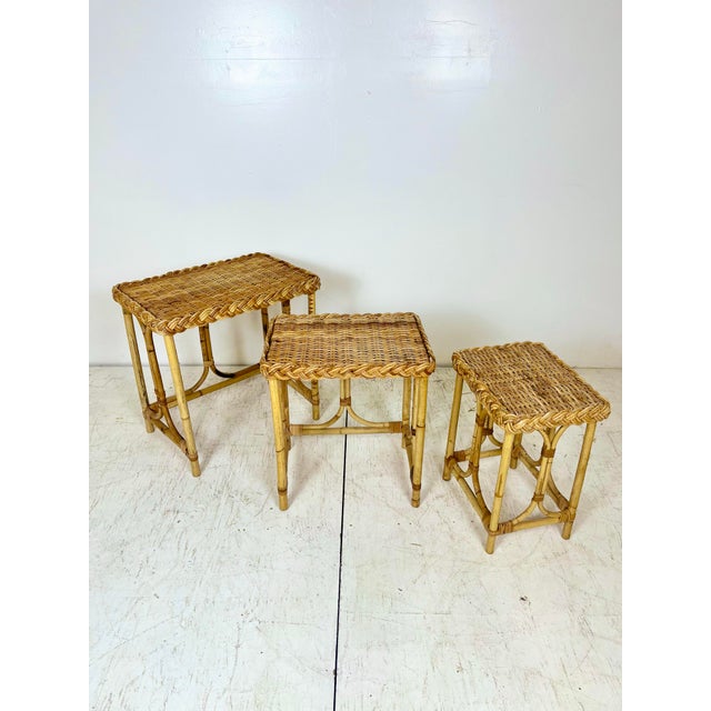 Vintage Wicker Rattan Nesting Side Tables- Set of 3 For Sale - Image 12 of 12