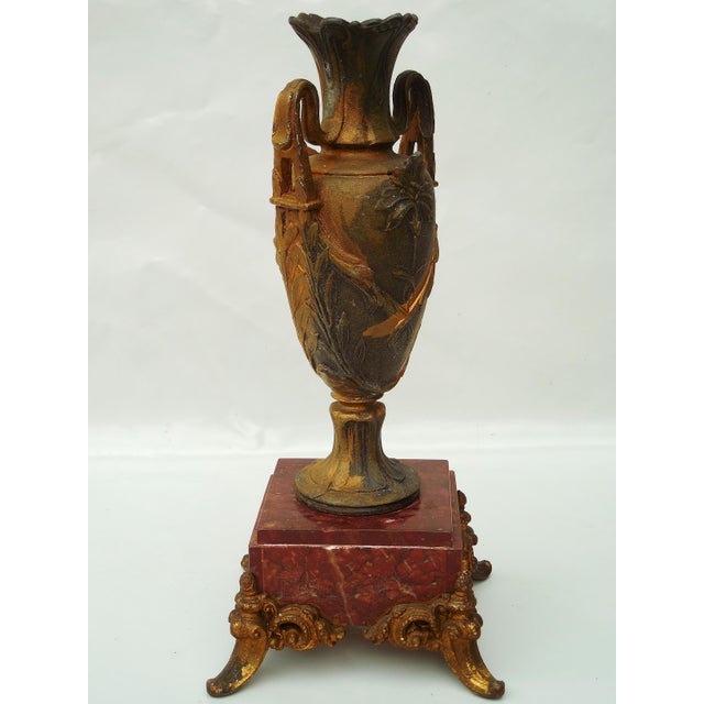 1900 - 1909 Antique Neoclassical Gilt Spelter Urn / Amphora Vase on Red Marble Base For Sale - Image 5 of 9