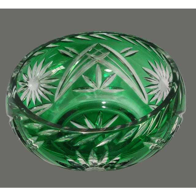 Hollywood Regency Vintage Elegant Crystal Bohemian Cut to Clear Green Candy Dish Bowl For Sale - Image 3 of 7