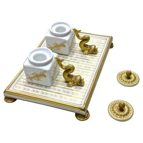 Figurative Vintage Dolphin & Leaf Porcelain Double Inkwell For Sale - Image 3 of 11