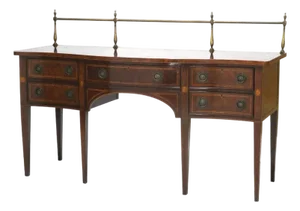 1920s Antique Baker Hepplewhite Style Mahogany Sideboard With Banding and Brass Rail