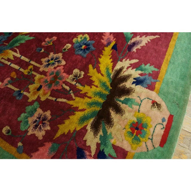 Amazing Pink Blush Color and Turquoise Teal Border With Floral Design Antique Chinese Art Deco Rug For Sale - Image 10 of 11