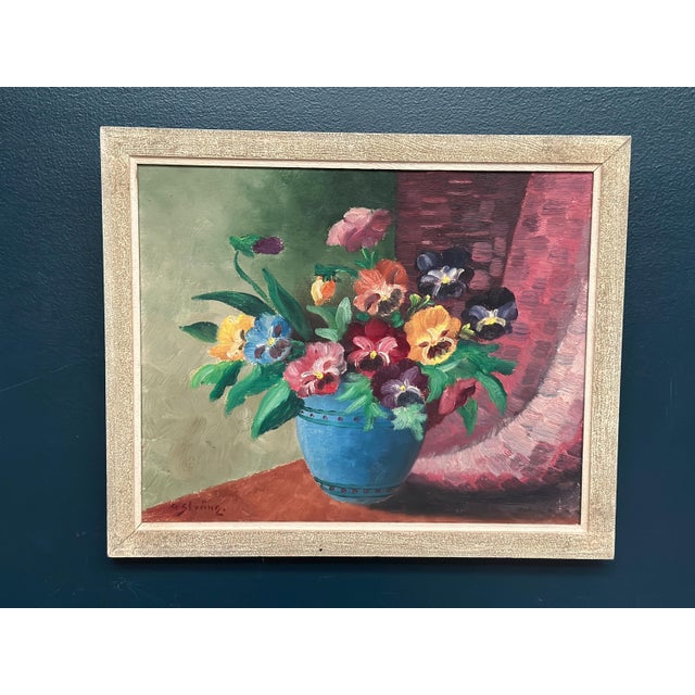 G. Stränz, Pansies in Blue Vase, 1960s, Oil Painting on Canvas, Framed For Sale - Image 14 of 17