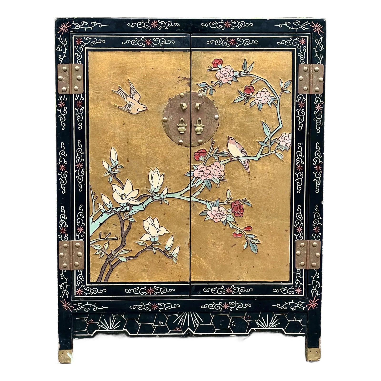 Vintage C1980s Chinoiserie Gold Leaf & Black Lacquer Asian Themed