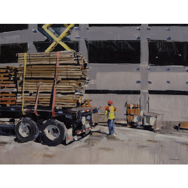 This oil on board painting captures a moment of industrial activity, depicting a worker in a bright yellow vest beside a...