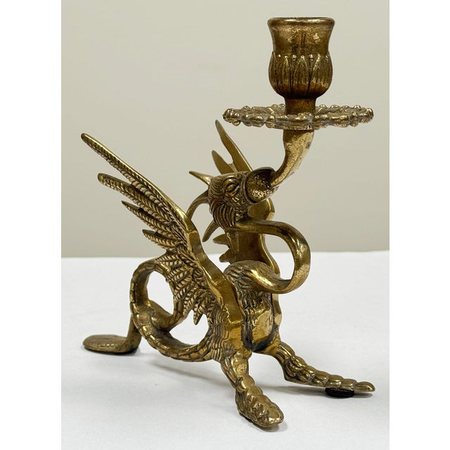 Metal Vintage Brass Griffin Motif Candlestick Holder For Sale - Image 7 of 10