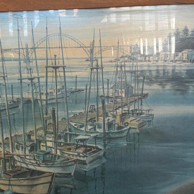 1974 Mel Vincent Print of Boats in a Harbor With a Bridge in the Background. For Sale - Image 4 of 6