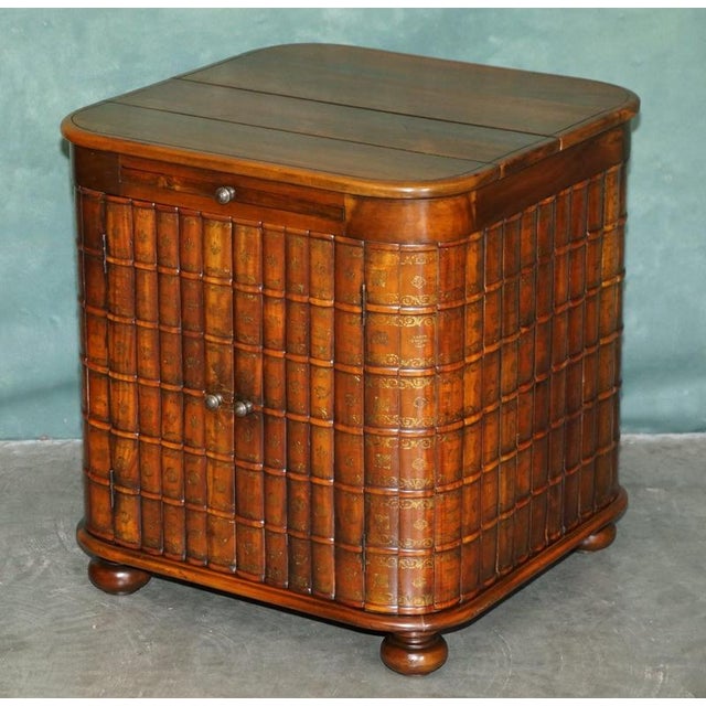 Sublime pair of large Theodore Alexander side cabinets with Faux Book fronted leather bound panels and brown leather...