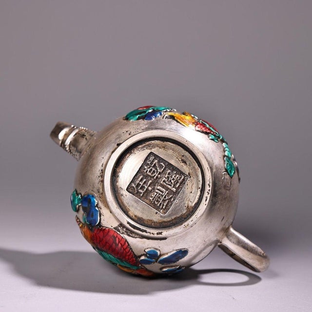Late 19th Century Asian Silver-Plated Enamel Teapot With Fish Motif For Sale - Image 4 of 10