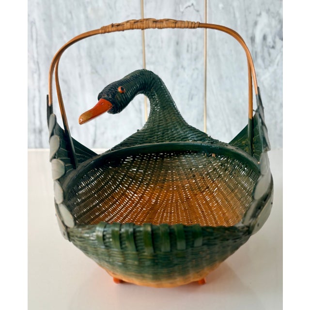 Wood Vintage Chinese Green Folk Art Swan Hand-Woven Wicker Basket With Bamboo Handle For Sale - Image 7 of 13