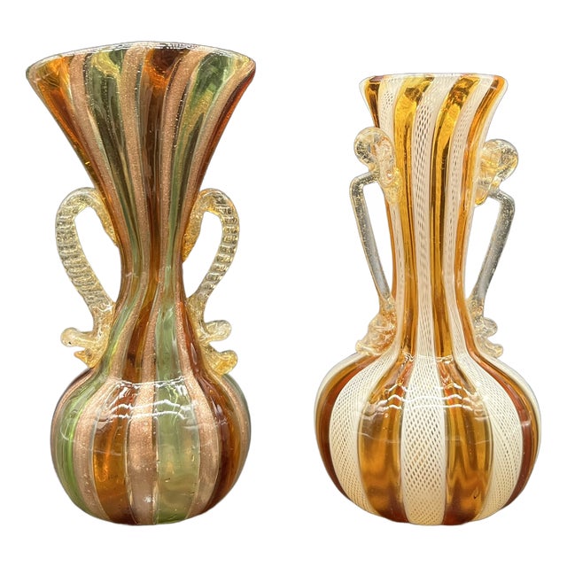 Antique Salviati Filigree Murano Glass Miniature Vases, 1900s, Set of 2 For Sale