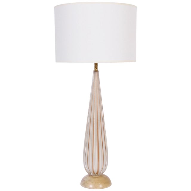 Tall Alfredo Barbini White Ribbed Murano Glass Table Lamp with Gold Inclusions For Sale - Image 9 of 9