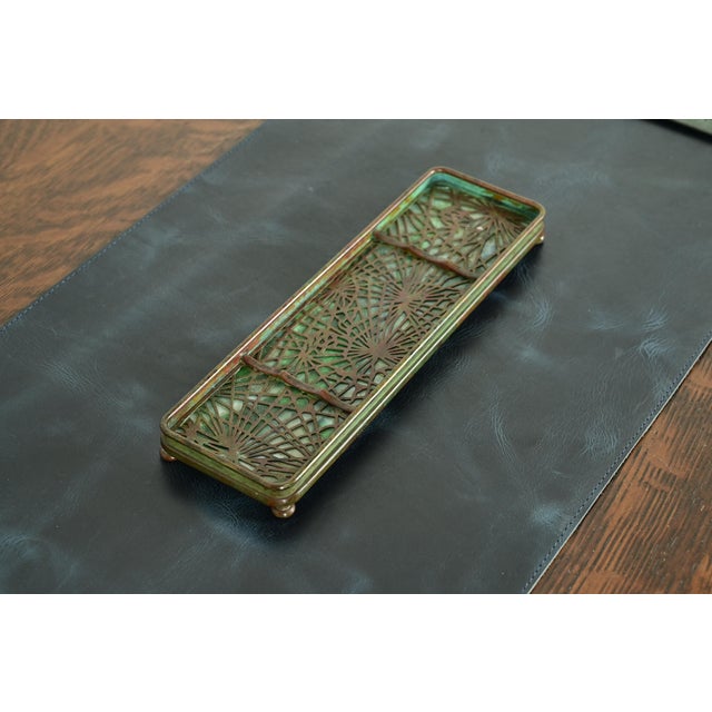 Art Deco Tiffany Studios New York Pine Needle Bronze and Favrile Slag Glass Pen Tray For Sale - Image 3 of 12
