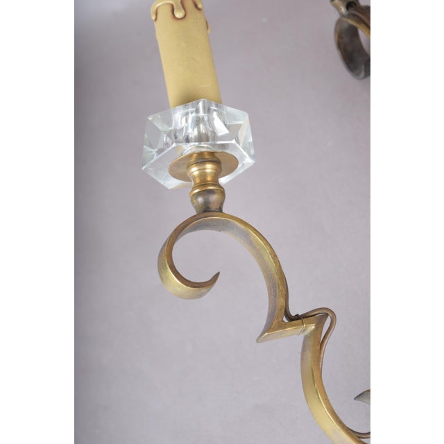 Gold Scrolled Brass Wall Sconces with Crystal Bobeches attributed to Jules Leleu, 1950s, Set of 2 For Sale - Image 8 of 11