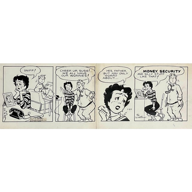 Jerry Walter & Linda Walter, Original Vintage Syndicated Ink Drawing Cartoon Strip Susie Q Smith Comic Art, c. 1954 For Sale