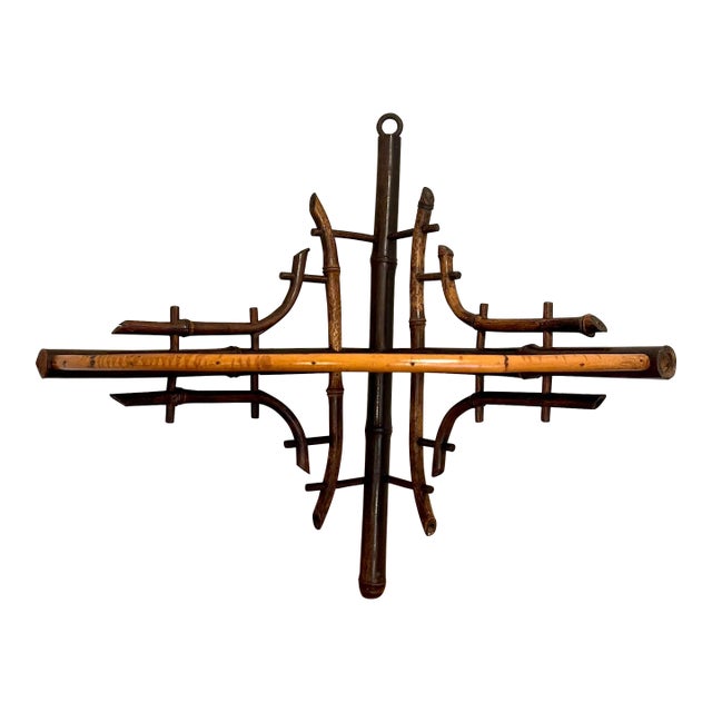 Vintage Asian Chinoiserie Burnt Bamboo Painted Corner Shelf, Burgundy, Rose and Olive Green For Sale