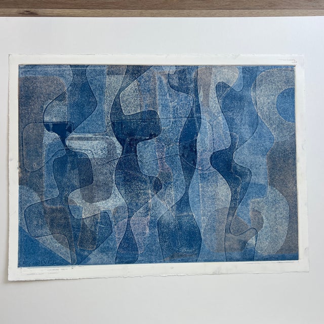 Original Signed Blue Abstract Monotype Artwork, Unframed Paper size is 22 x 30 Artist signed Merrill Bullis on verso