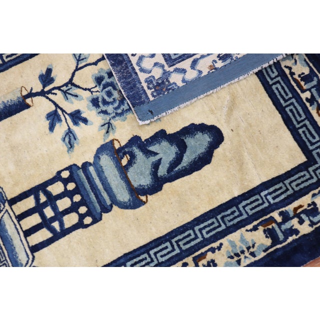 Tan Blue Color Early 20th Century Antique Chinese Oriental Rug For Sale - Image 9 of 18