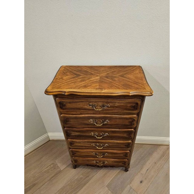 French Provincial Vintage French Provincial Louis XV Style Walnut Oak Parquetry Semainier For Sale - Image 3 of 13