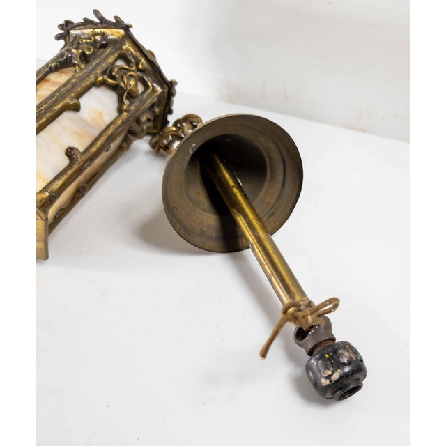 20th Century Arts & Crafts Brass and Slag Glass Gothic Tudor Revival Pendant Light For Sale - Image 14 of 15