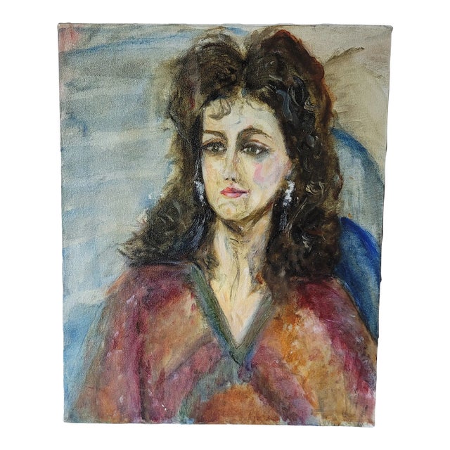 Portrait Woman With Earrings 1991 Oil Painting by Rosemary Rabut For Sale