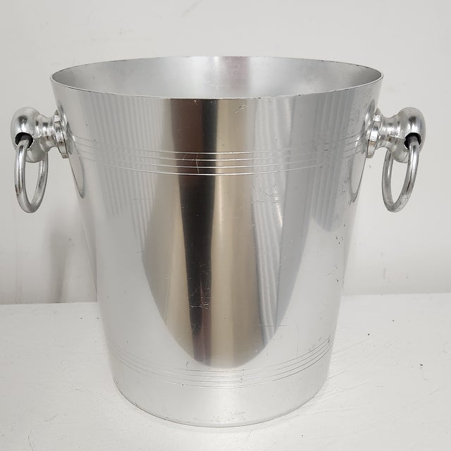 Mid-Century Modern Mid-Century French René Brun Champagne Aluminum Ice Bucket – Brushed Silver Metal With Blue Label & Ring Handles For Sale - Image 3 of 6
