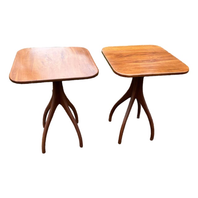 1960s Pair Mid Century Cherry Pedestal Tables in the Style of Edward Wormley For Sale
