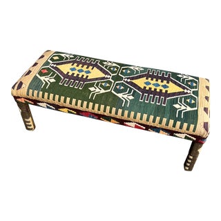 Mid 20th Century Rug Covered Bench Modern Rustic Americana Folk Art Bench For Sale