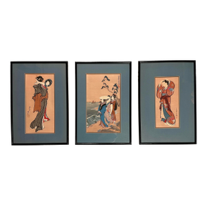 Late 19th Century Set of 3 Japanese Ukiyo-E Antique Woodblock Prints, Framed
