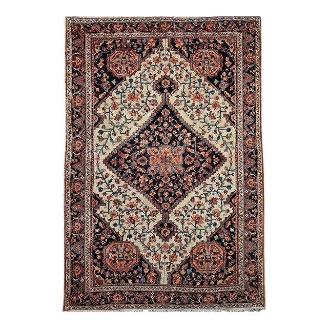 19th Century Persian Farahan Sarouk Rug, Hand-Knotted Wool, Floral Medallion Pattern, Ivory & Blue, 5x7 For Sale