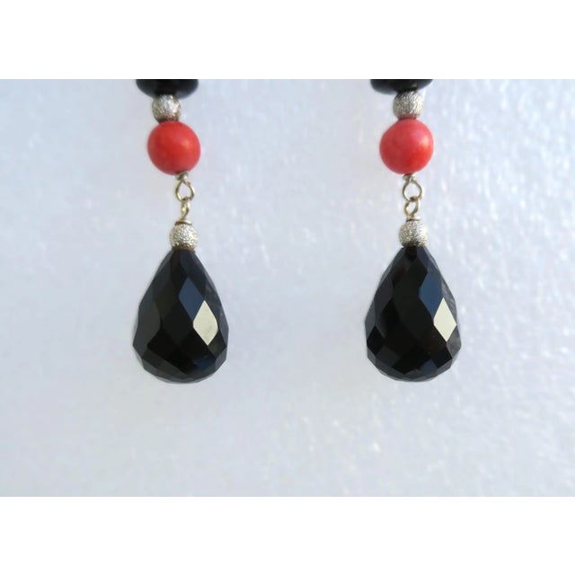 Italian Diamond Coral and Black Onyx Dangle Earrings, Pair For Sale - Image 9 of 10