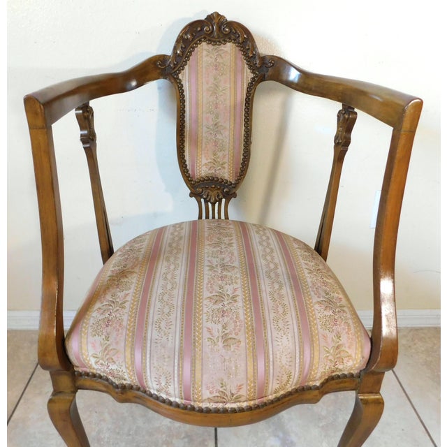 Antique Victorian Pink Floral Striped Carved Wood Brass Studded Side/End Accent Chair For Sale - Image 9 of 15