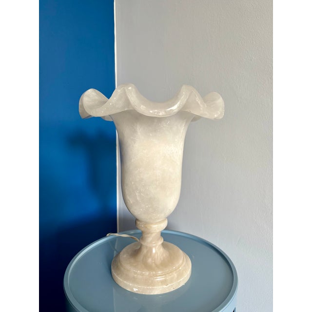 Magnificent antique alabaster lamp, crafted entirely from beautiful natural stone in cream and ivory hues. Its centerpiece...