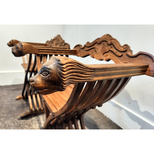 Wood Pair of Italian Mid Century Savonarola Lion Head Wood Folding Chairs For Sale - Image 7 of 11