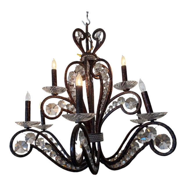 Antique Italian Old Gilded Iron and Christals Chandelier. For Sale