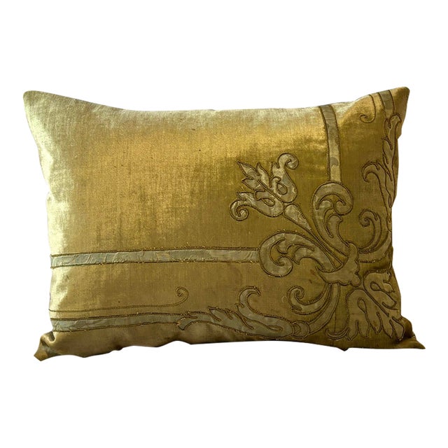 Antique Acid-Green Crushed Silk Velvet Applique Bolster Pillow. For Sale
