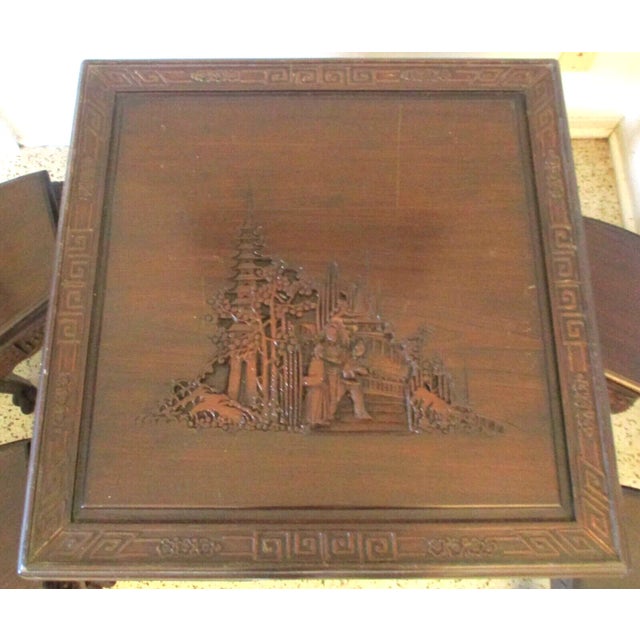 Chinese 1920s Antique Chinese Hand Carved Rosewood Square Folding Game Table and Stools - 5 Piece Set For Sale - Image 3 of 13