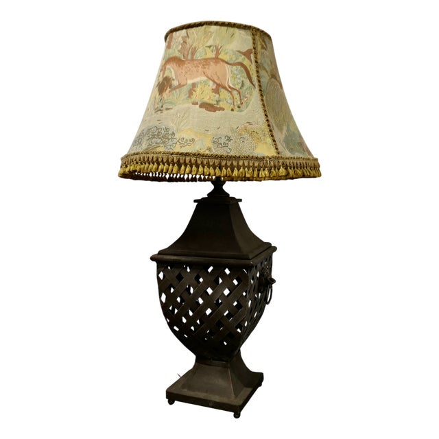 Large Strapwork Iron Table Lamp with Jungle Lamp Shade, 1970s For Sale