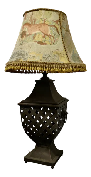 Large Strapwork Iron Table Lamp with Jungle Lamp Shade, 1970s