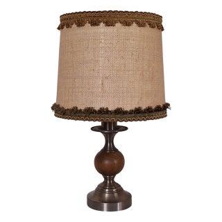 Rustic German Table Lamp with Metal and Oak Base and Beige Fabric Shade from Raab-Leuchten, 1970s For Sale