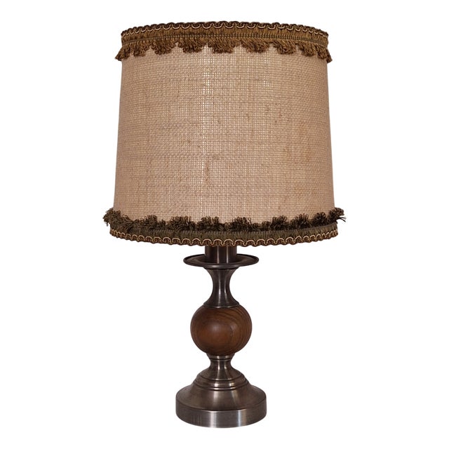 Rustic German Table Lamp with Metal and Oak Base and Beige Fabric Shade from Raab-Leuchten, 1970s For Sale