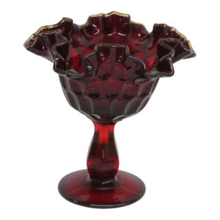 Fenton Thumbprint Compote Ruby Red Yellow Crest Double Crimped Rim For Sale