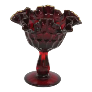 Fenton Thumbprint Compote Ruby Red Yellow Crest Double Crimped Rim