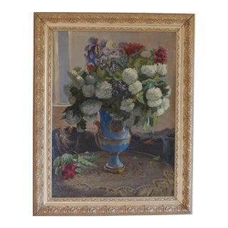 C.1954 Ukrainian Original Signed Floral Still Life Oil Painting on Canvas of White Hydrangea Flowers Bouquet in Blue Jasper Vase For Sale