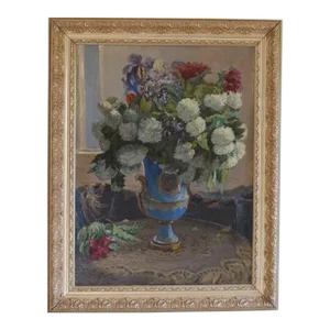 C.1954 Ukrainian Original Signed Floral Still Life Oil Painting on Canvas of White Hydrangea Flowers Bouquet in Blue Jasper Vase