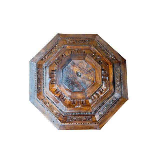 1970s 4.5" Vintage Octagonal Wood Carved Steps Lotus Motif Display Base Stand For Sale - Image 5 of 7